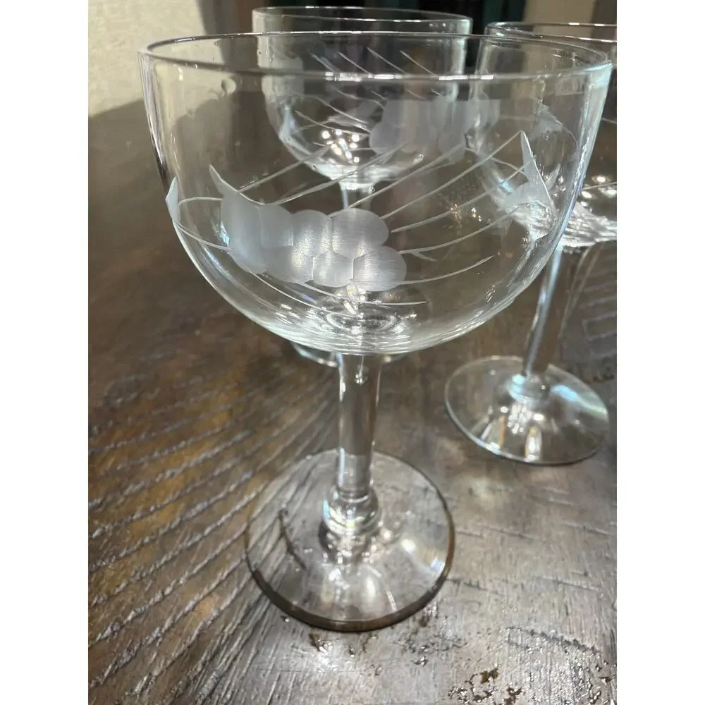 Vintage Etched Glass Wine Claret Glass Set Of 5 Stemware 4 3/4